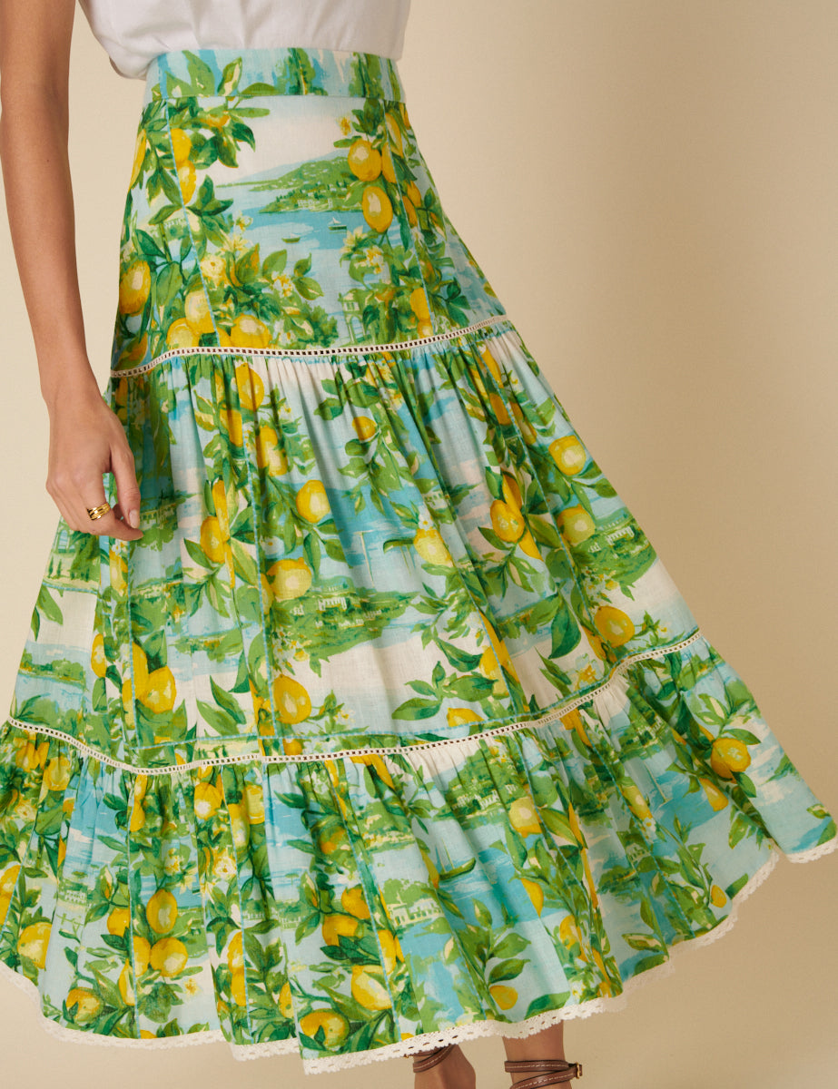 Green Linen-blend Lemon Print Tiered Midi Skirt