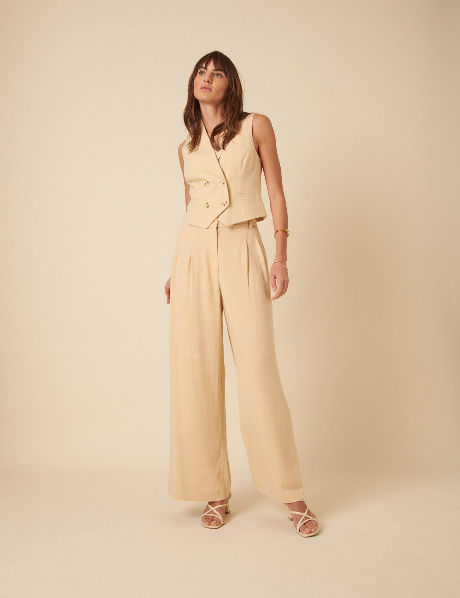 Cream Wide Leg Linen-blend Palazzo Trousers