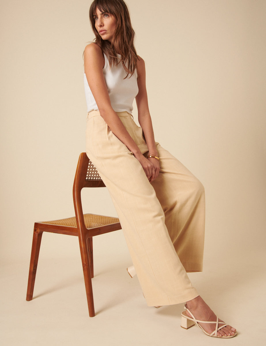 Cream Wide Leg Linen-blend Palazzo Trousers