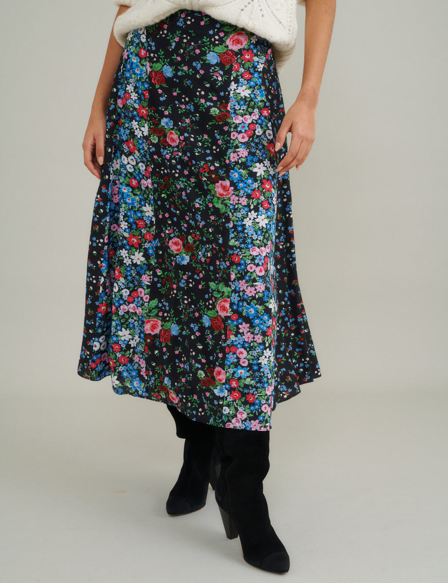 Black Ditsy Floral Midi Skirt