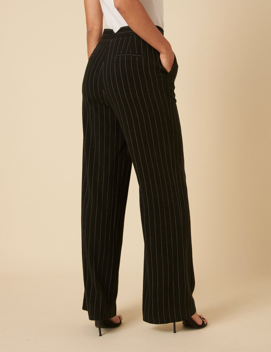 Black Pinstripe Straight Leg Trousers