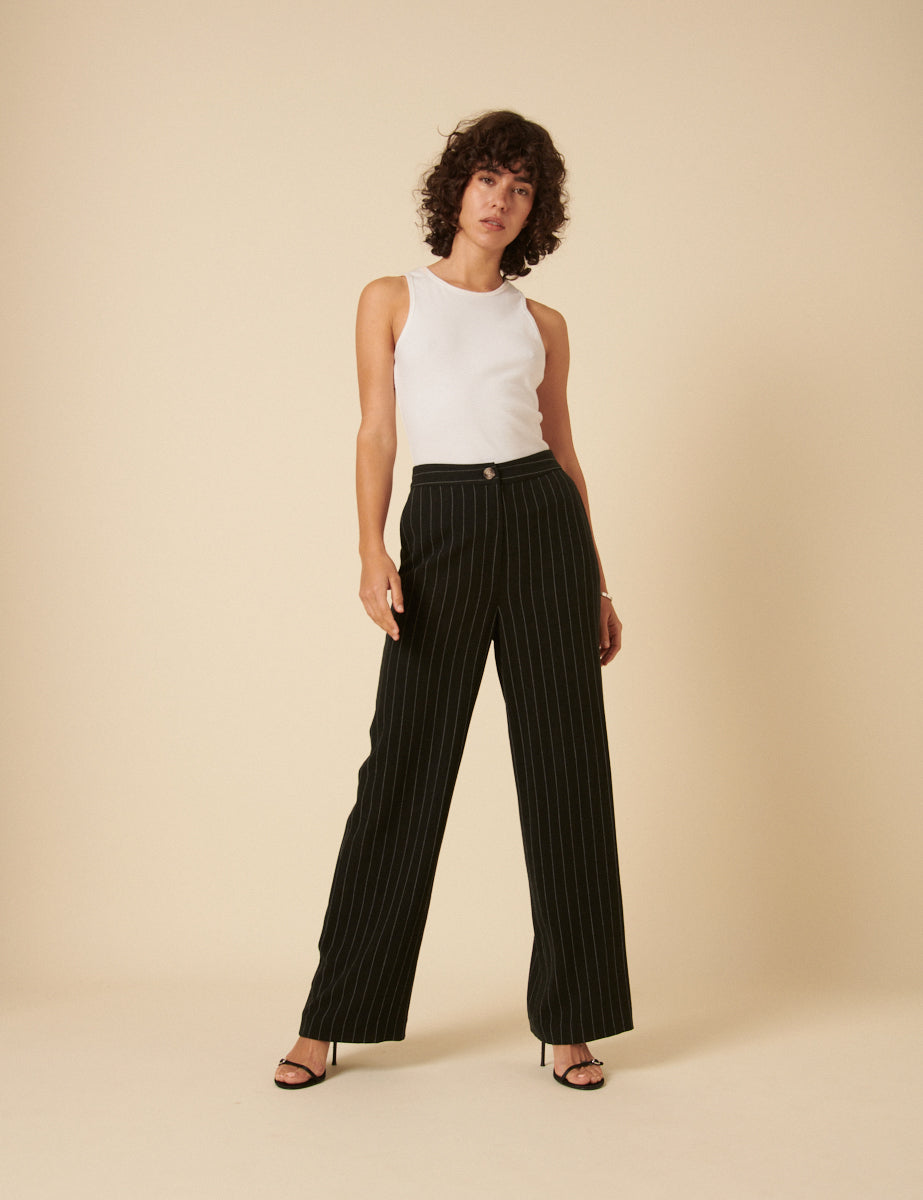 Black Pinstripe Straight Leg Trousers