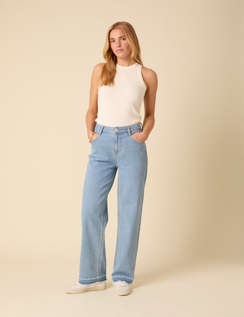 Blue Denim Twill Boyfriend Straight Leg Jeans