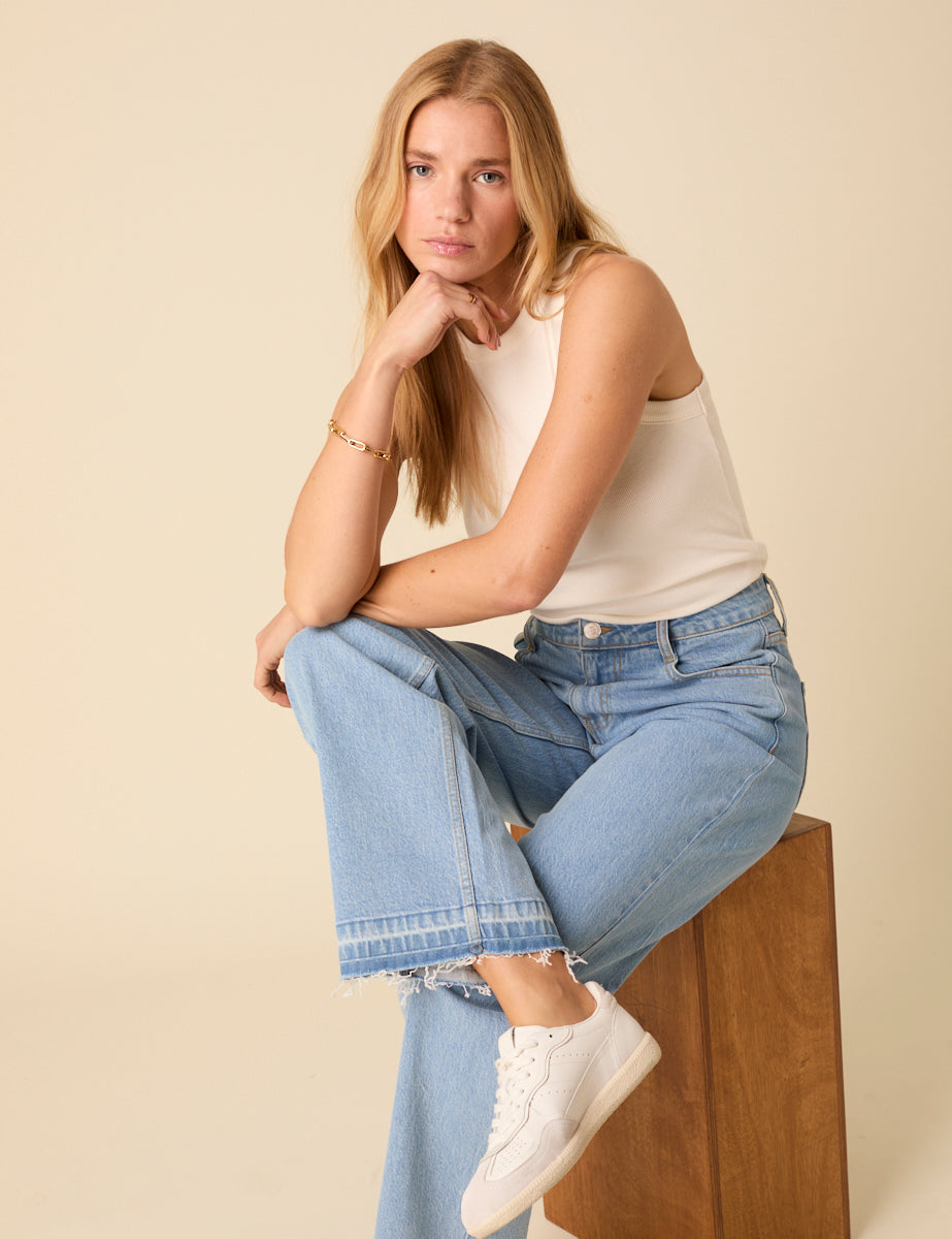 Blue Denim Twill Boyfriend Straight Leg Jeans