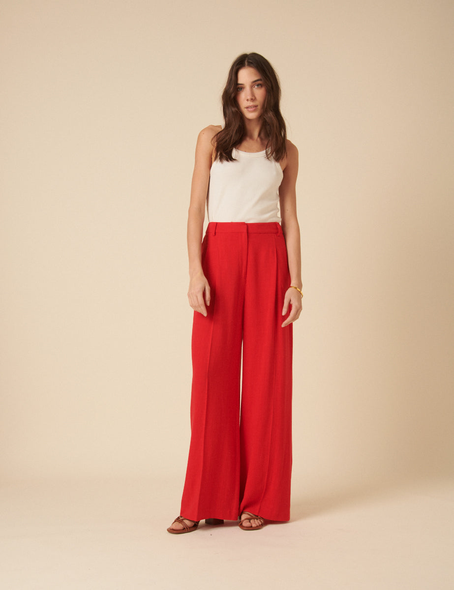 Red Linen-blend Wide Leg Palazzo Trousers