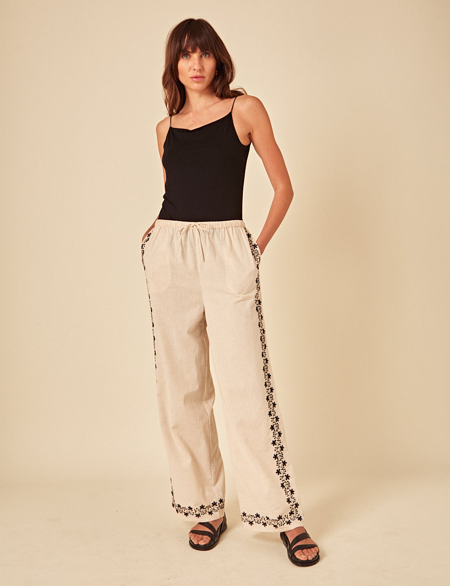 Beige Floral Embroidered Shona Trouers
