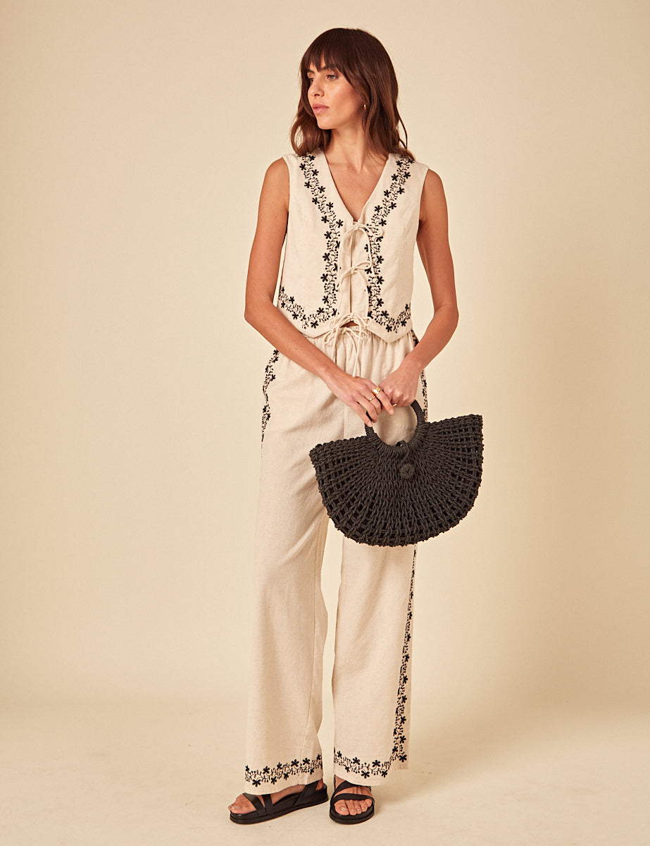 Beige Floral Embroidered Shona Trouers