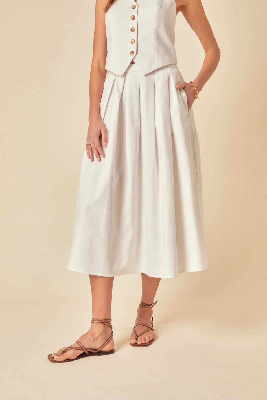 White Linen-blend Pleated Midi Skirt