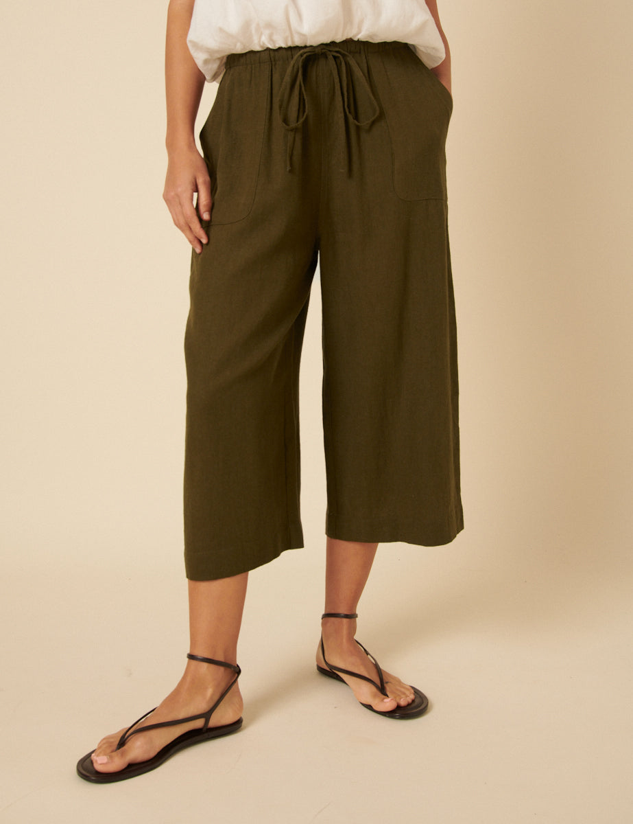 Khaki Linen-blend Cropped Shona Trousers