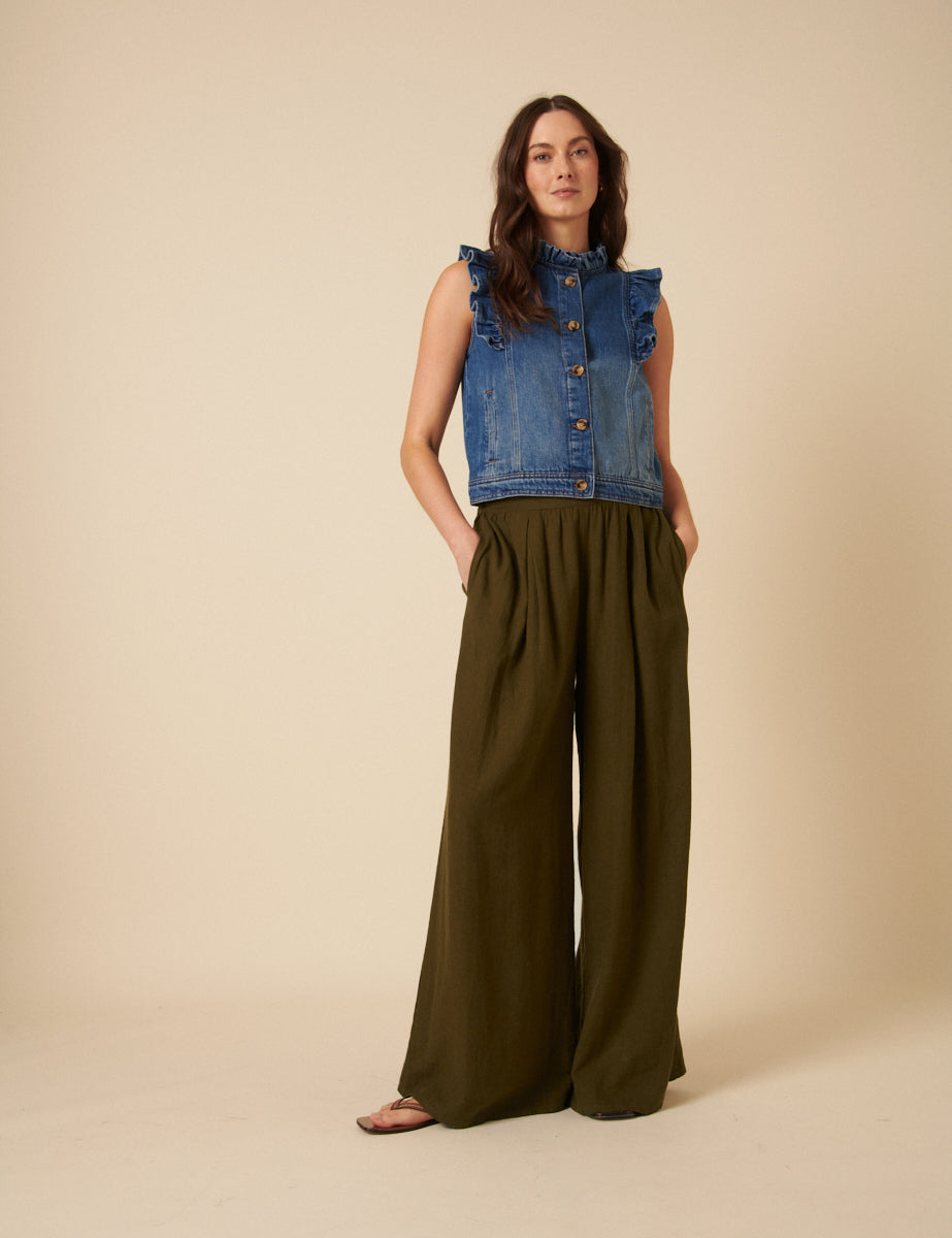 Khaki Linen-blend Jerrow Wide Leg Trousers