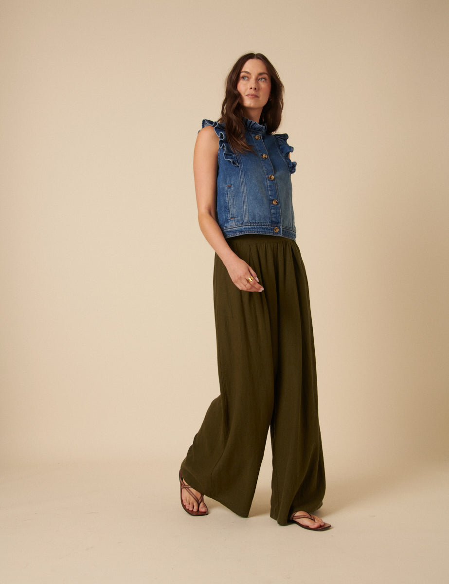 Khaki Linen-blend Wide Leg Trousers