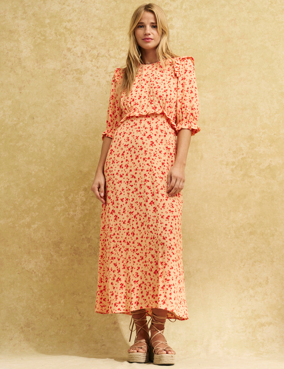 Orange Ditsy Floral Felicia Midi Dress