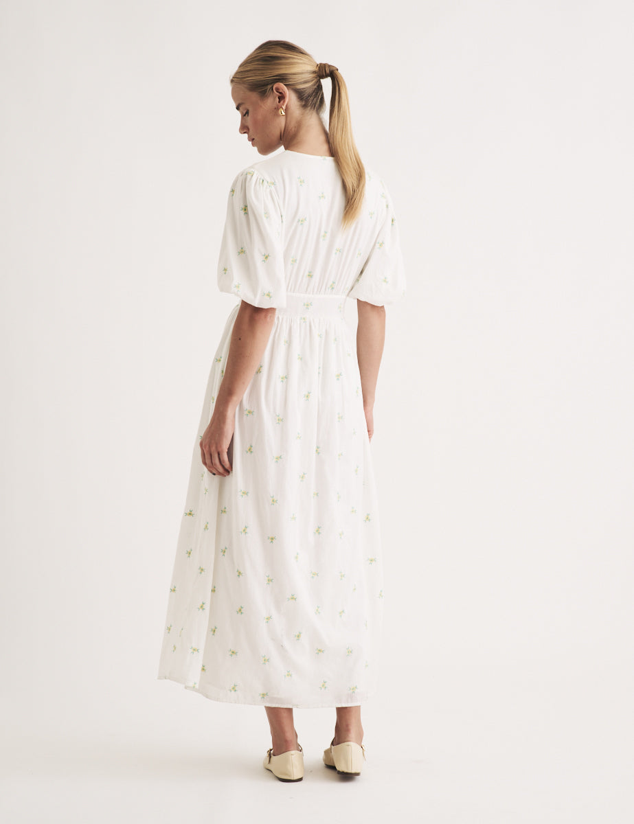 White Ditsy Floral Embroidered Arabella Midi Dress