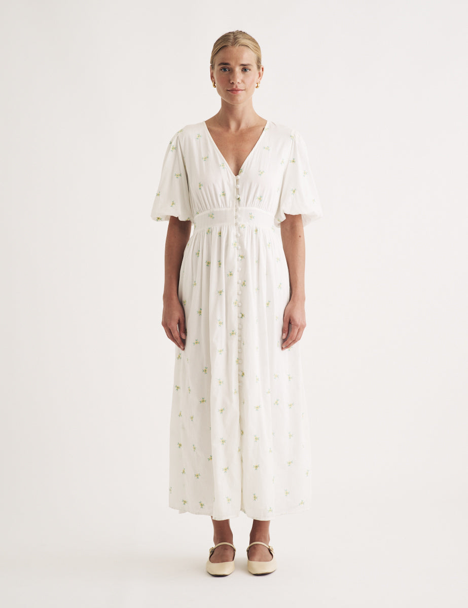 White Ditsy Floral Embroidered Arabella Midi Dress