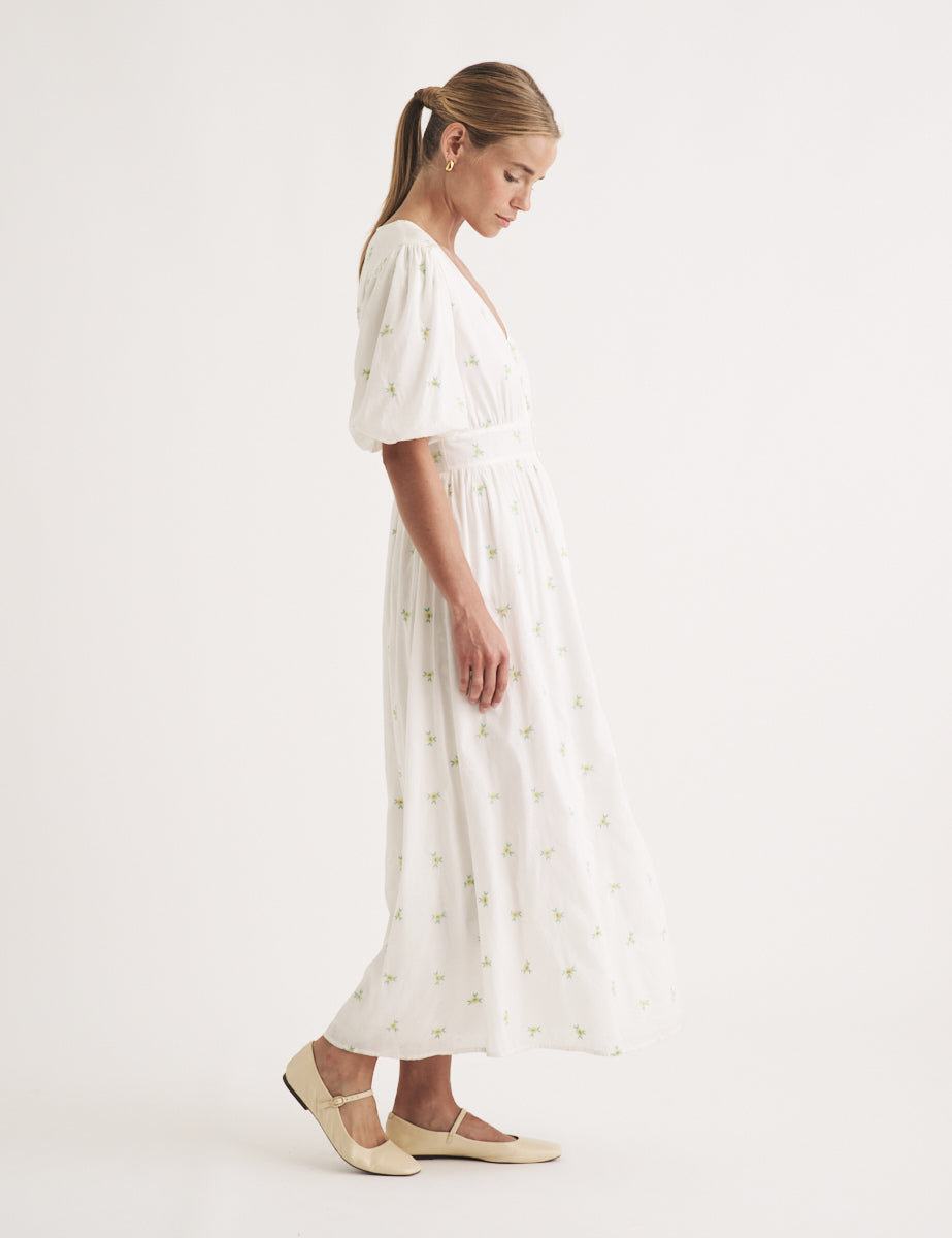 White Ditsy Floral Embroidered Arabella Midi Dress