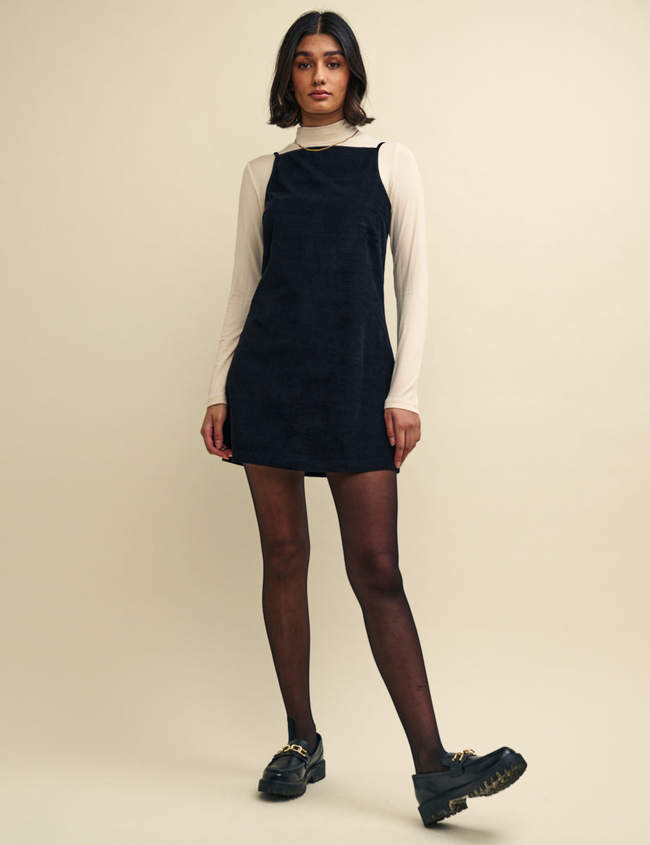 Black Cord Pepper Mini Pinafore Dress