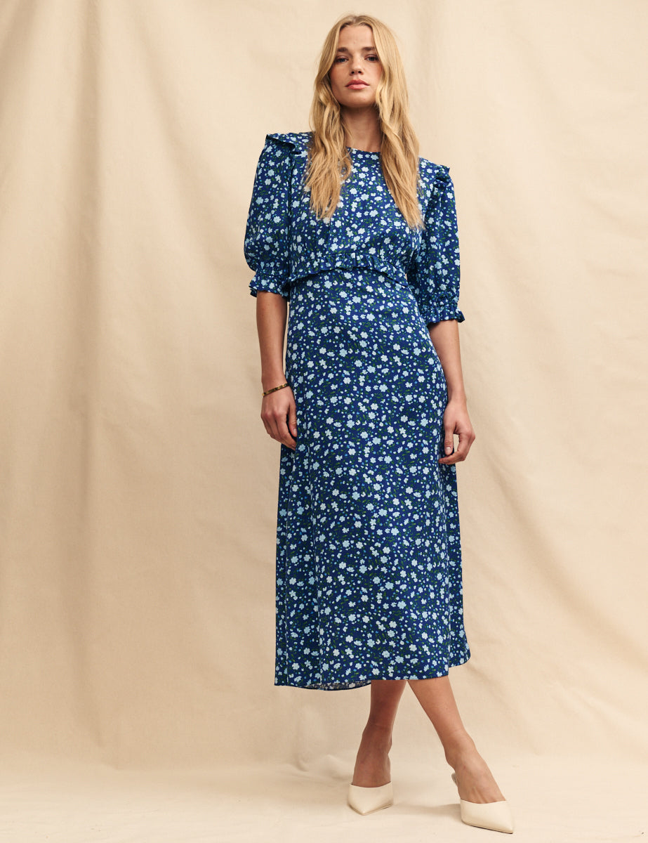 Blue Ditsy Floral Felicia Midi Tea Dress