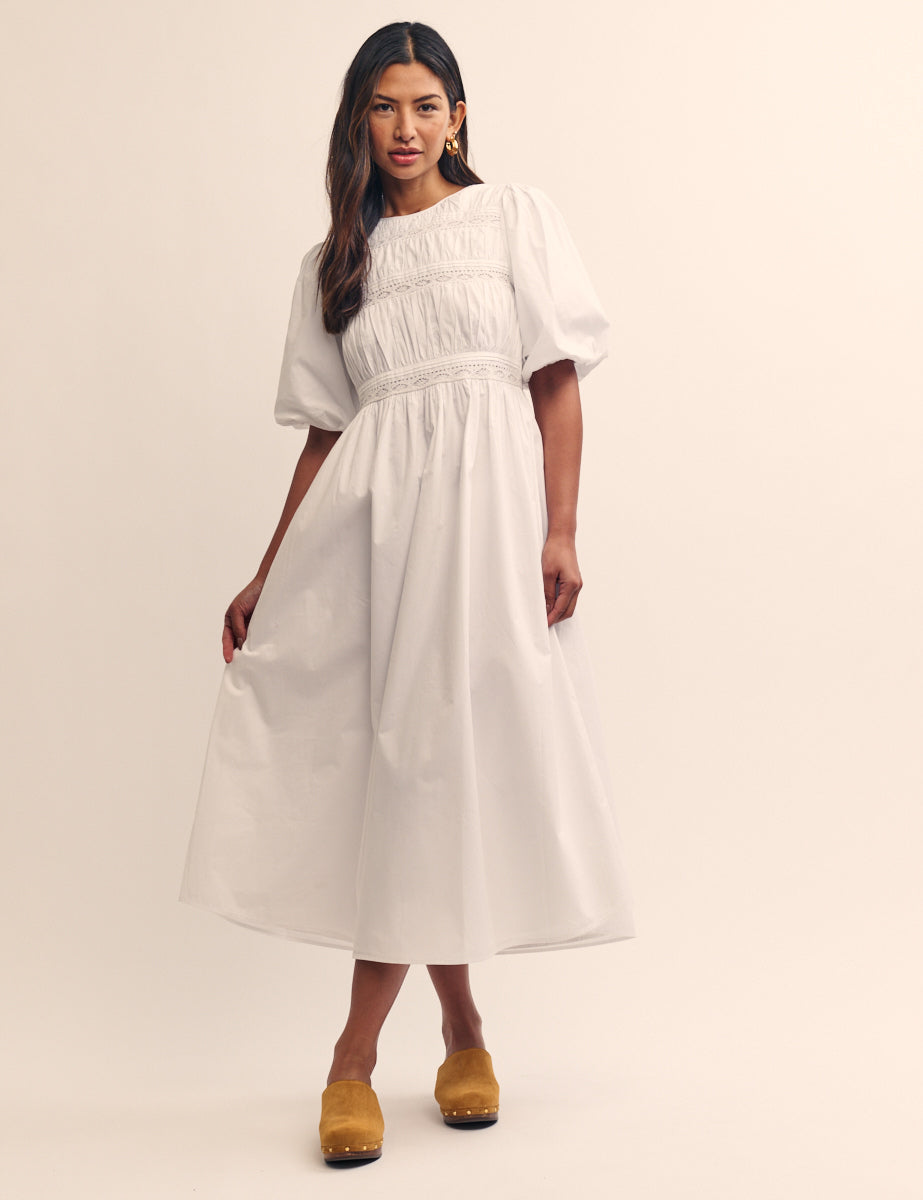 White Puff Sleeve Maureen Midi Dress