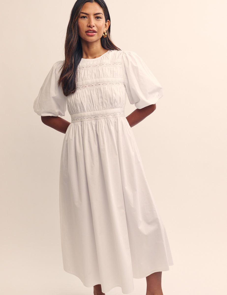 White Puff Sleeve Maureen Midi Dress