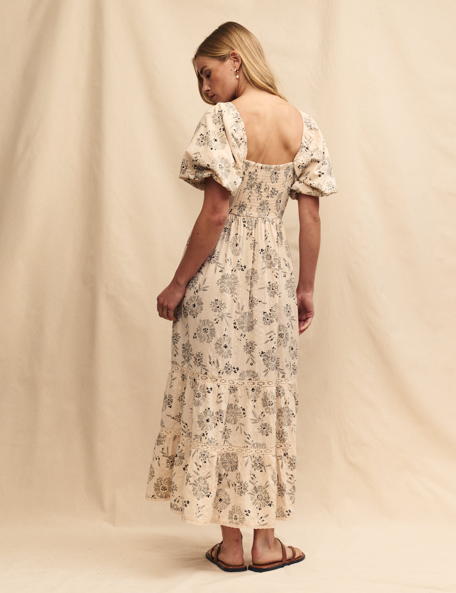 Cream Floral Puff Sleeve Whitley Midi Dress