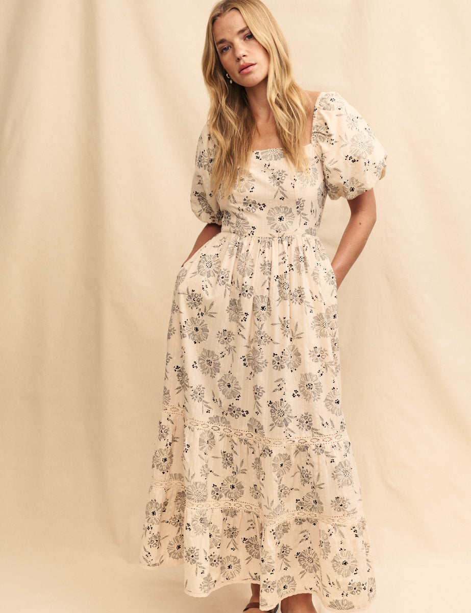 Cream Floral Puff Sleeve Whitley Midi Dress