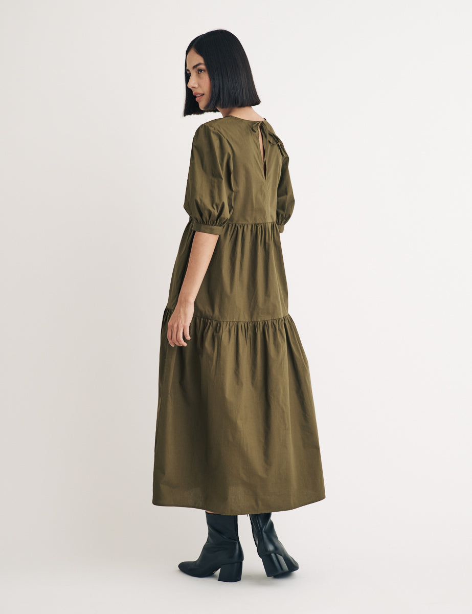 Khaki Green Tiered Rochelle Smock Midi Dress