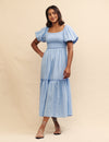 Blue Shirred Bodice Tiered Tallulah Midi Dress