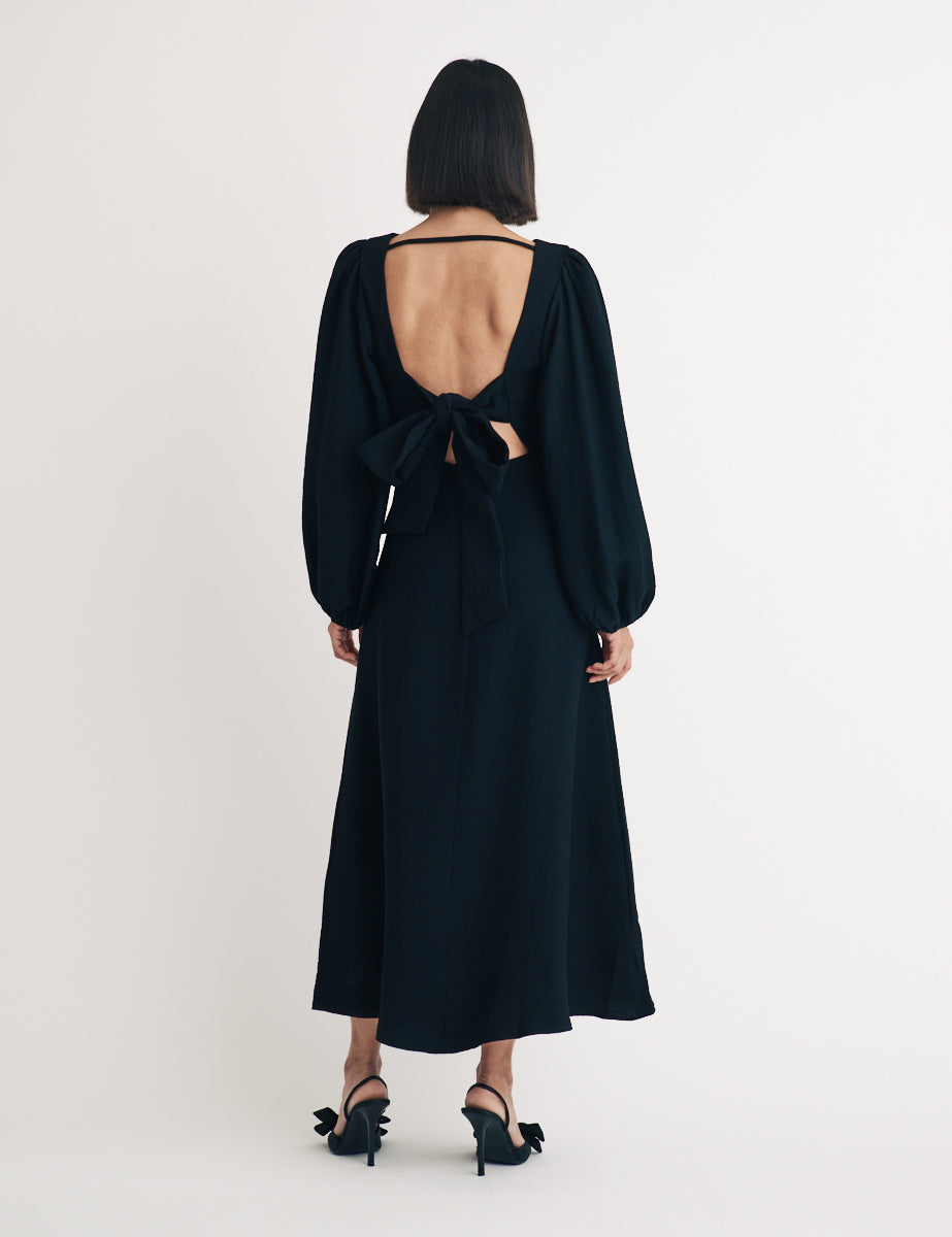 Black Balloon Sleeve Zola Midi Dress