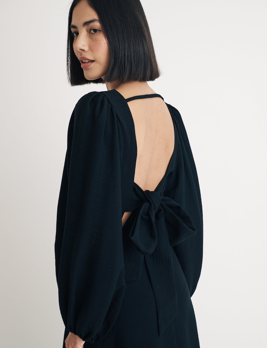 Black Balloon Sleeve Zola Midi Dress