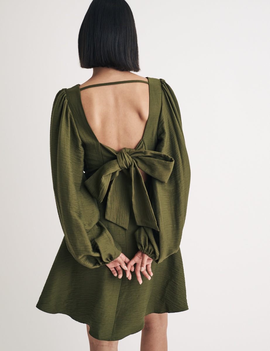 Khaki Linen-blend Balloon Sleeve Zola Mini Dress