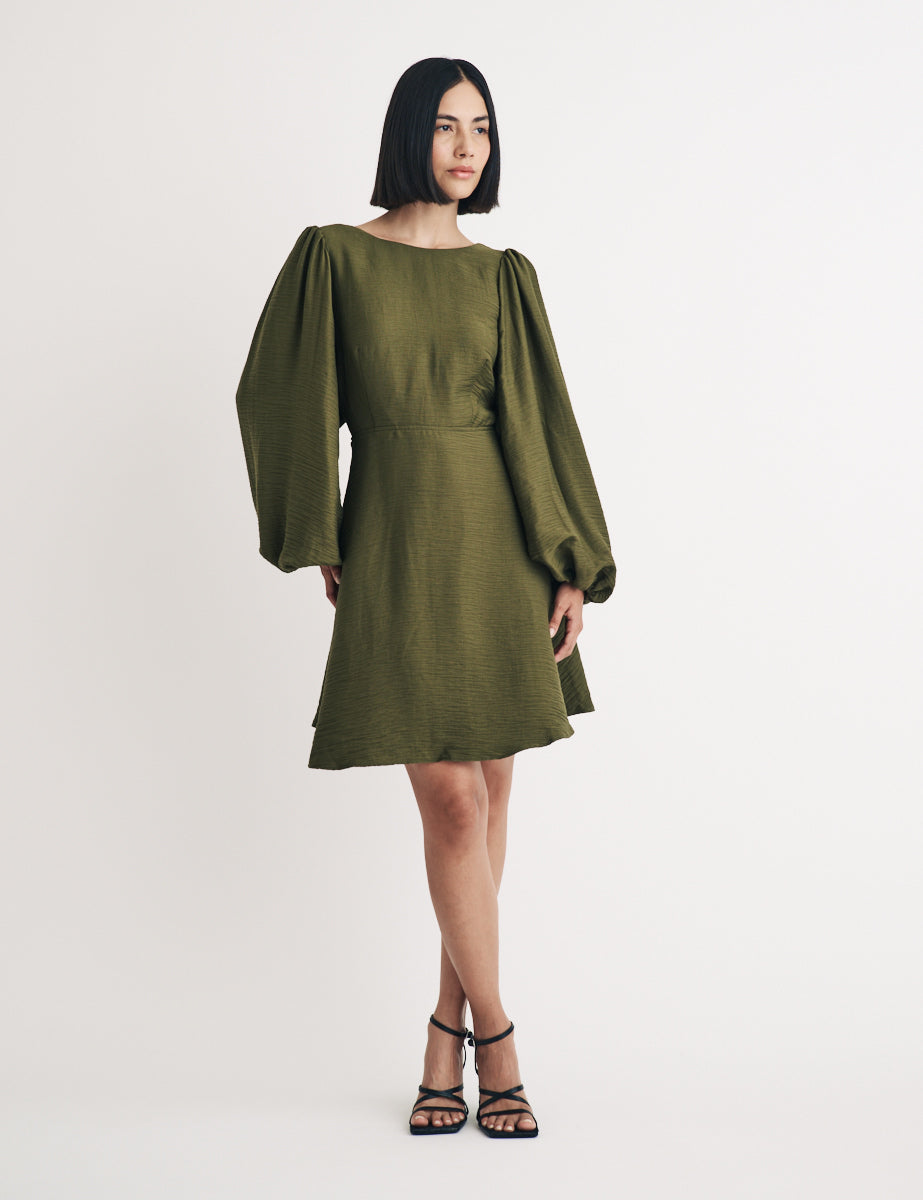 Khaki Linen-blend Balloon Sleeve Zola Mini Dress