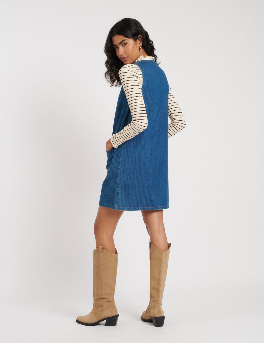 Denim Zip Through Dresden Mini Pinafore Dress