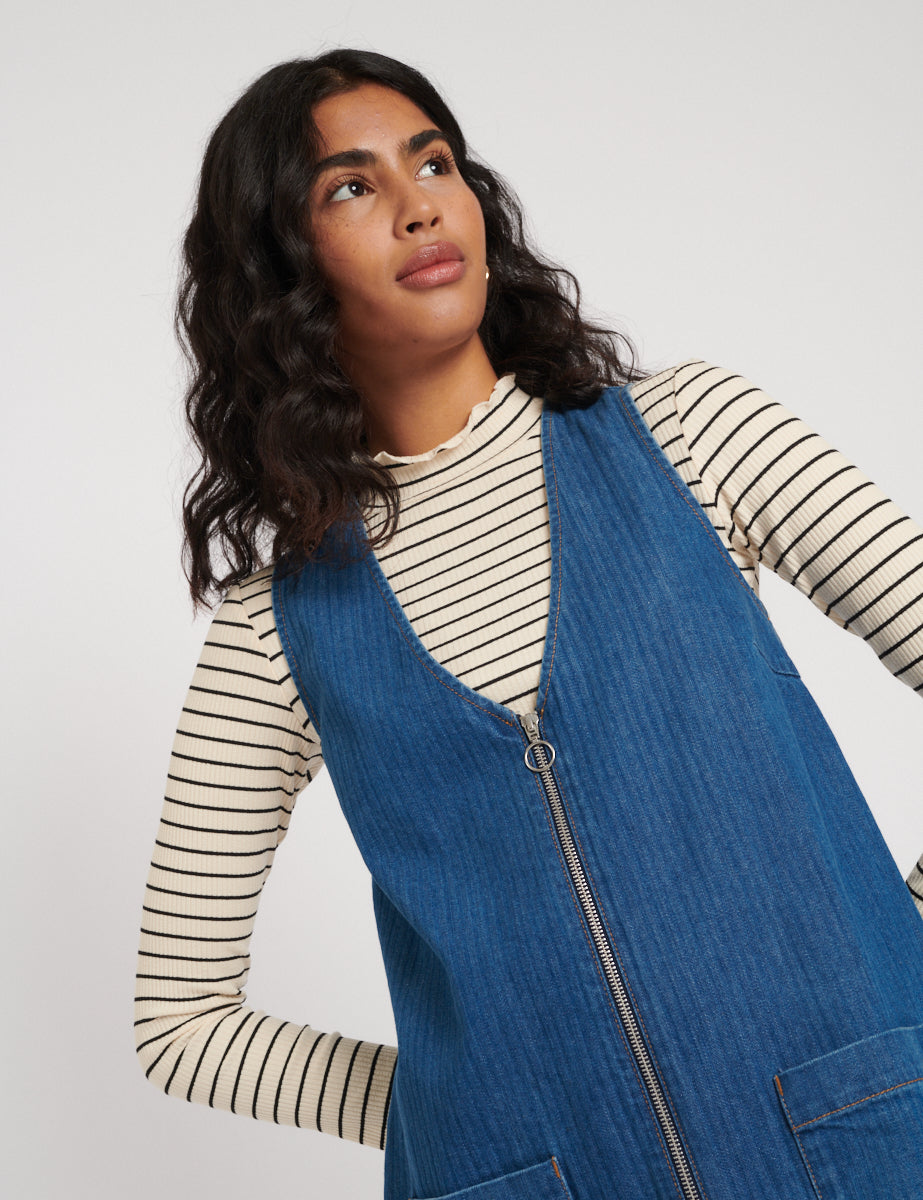 Denim Zip Through Dresden Mini Pinafore Dress