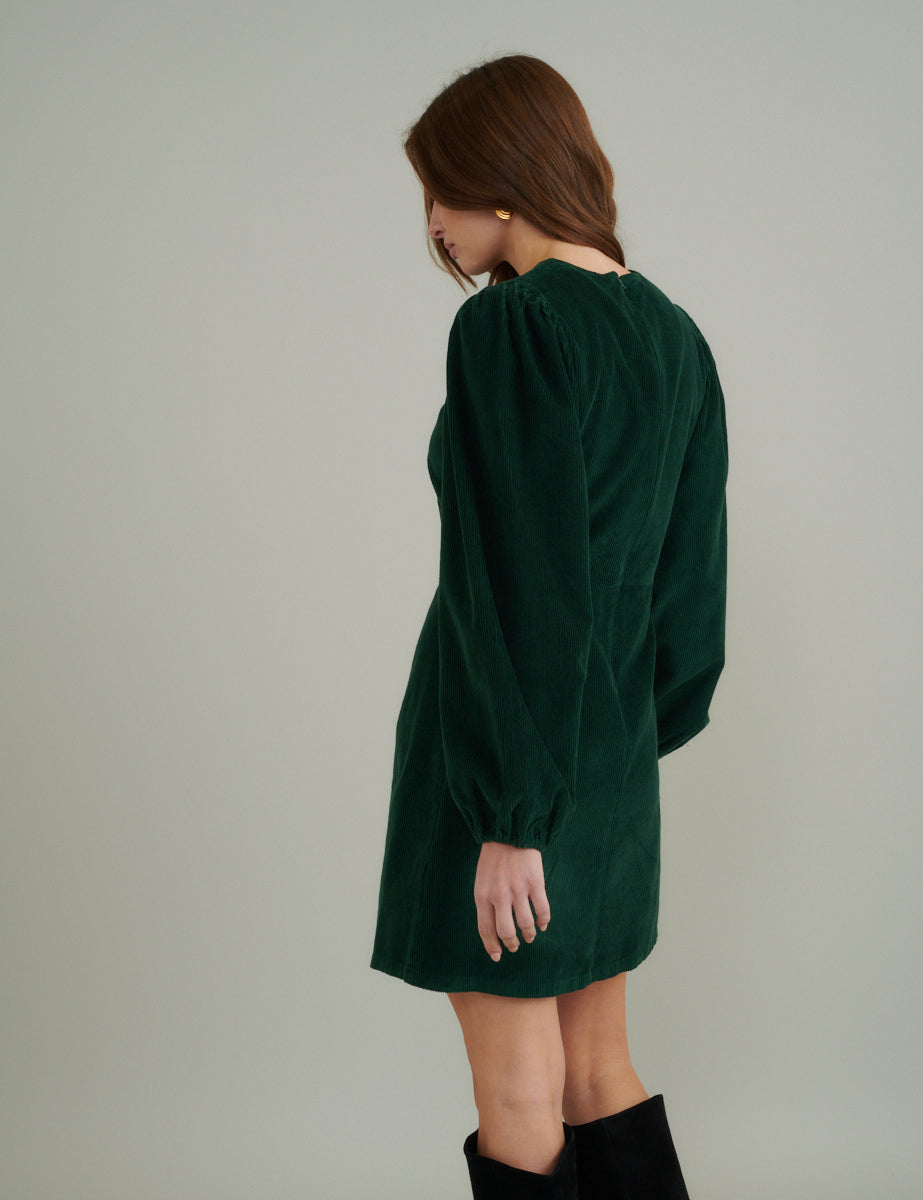 Green Cord Balloon Sleeve Patras Mini Dress