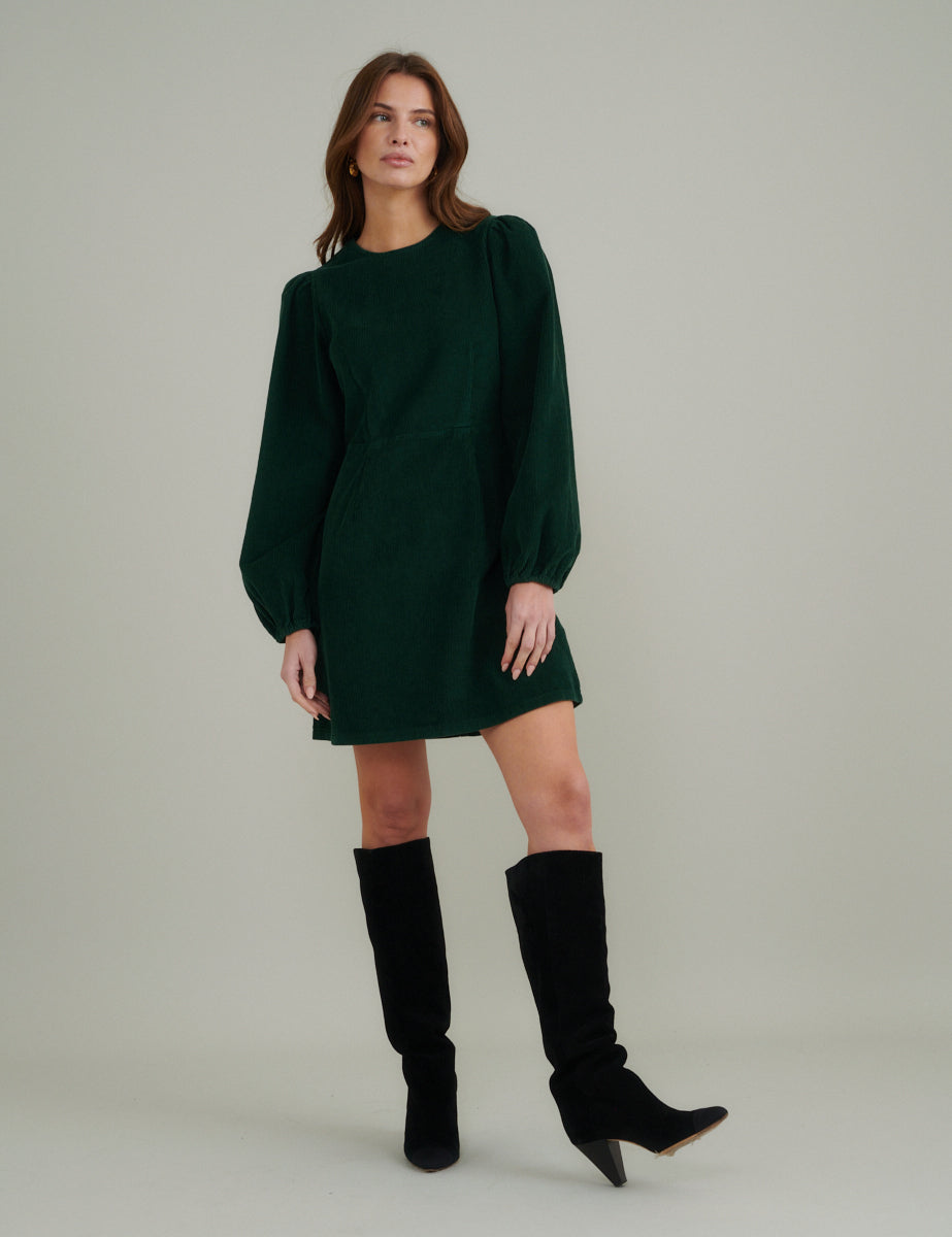 Green Cord Balloon Sleeve Patras Mini Dress