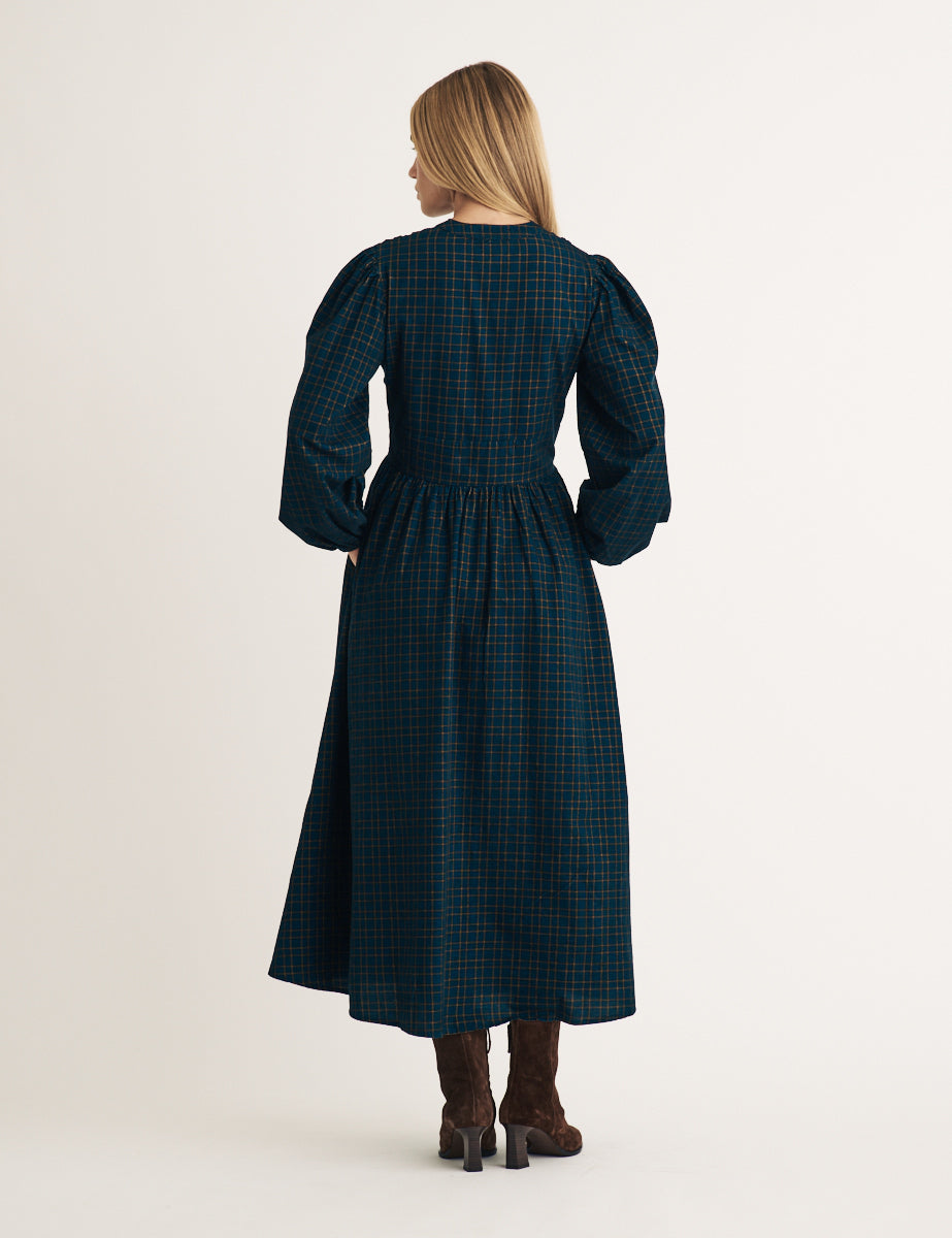 Navy Cord Check Starlight Midi Dress