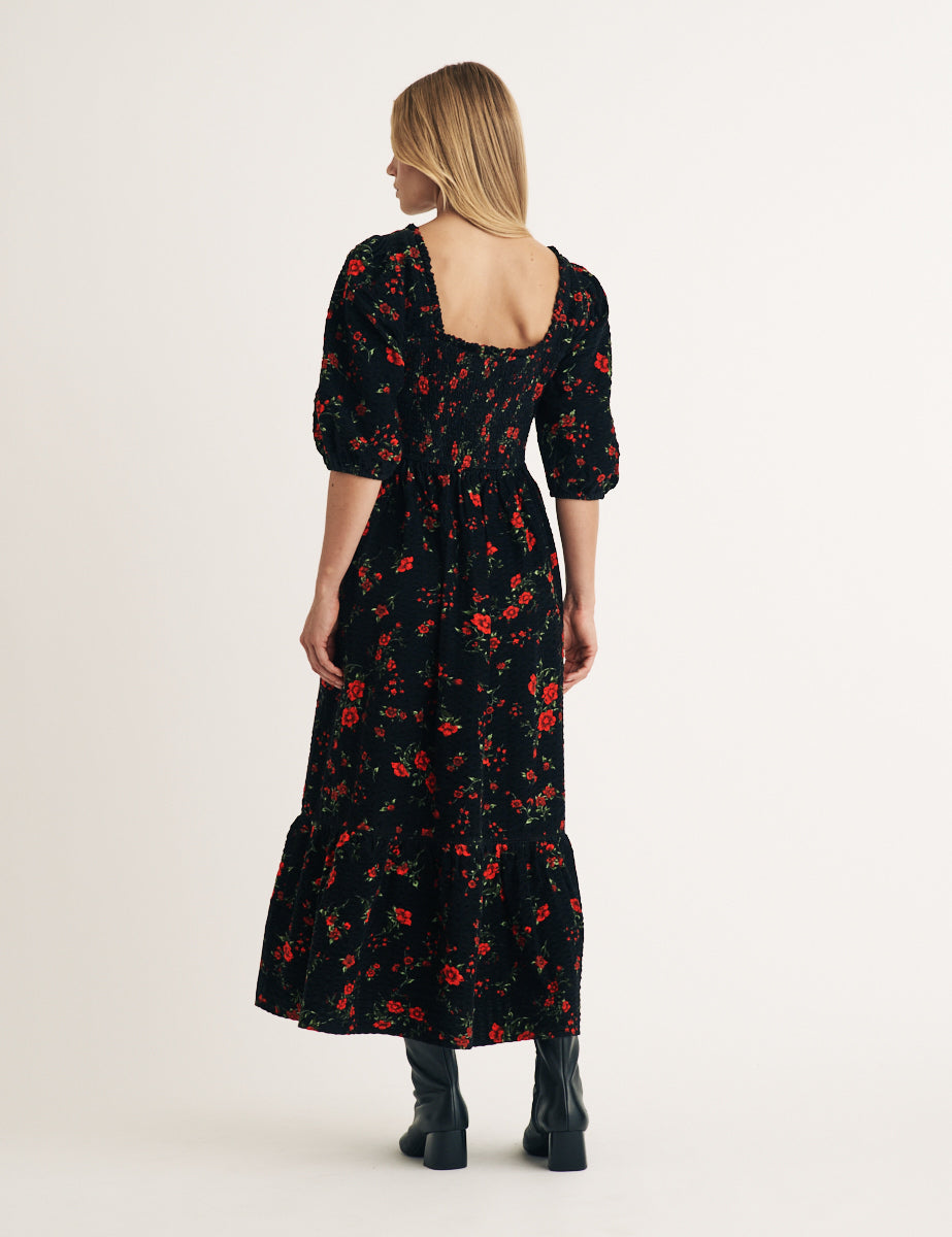 Black Floral Cord Elsa Midi Dress