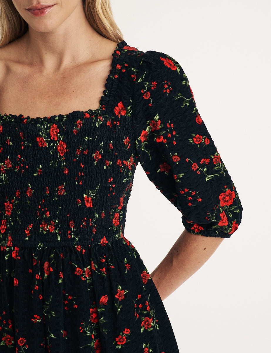 Black Floral Cord Elsa Midi Dress