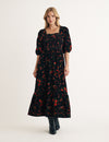 Black Floral Cord Elsa Midi Dress