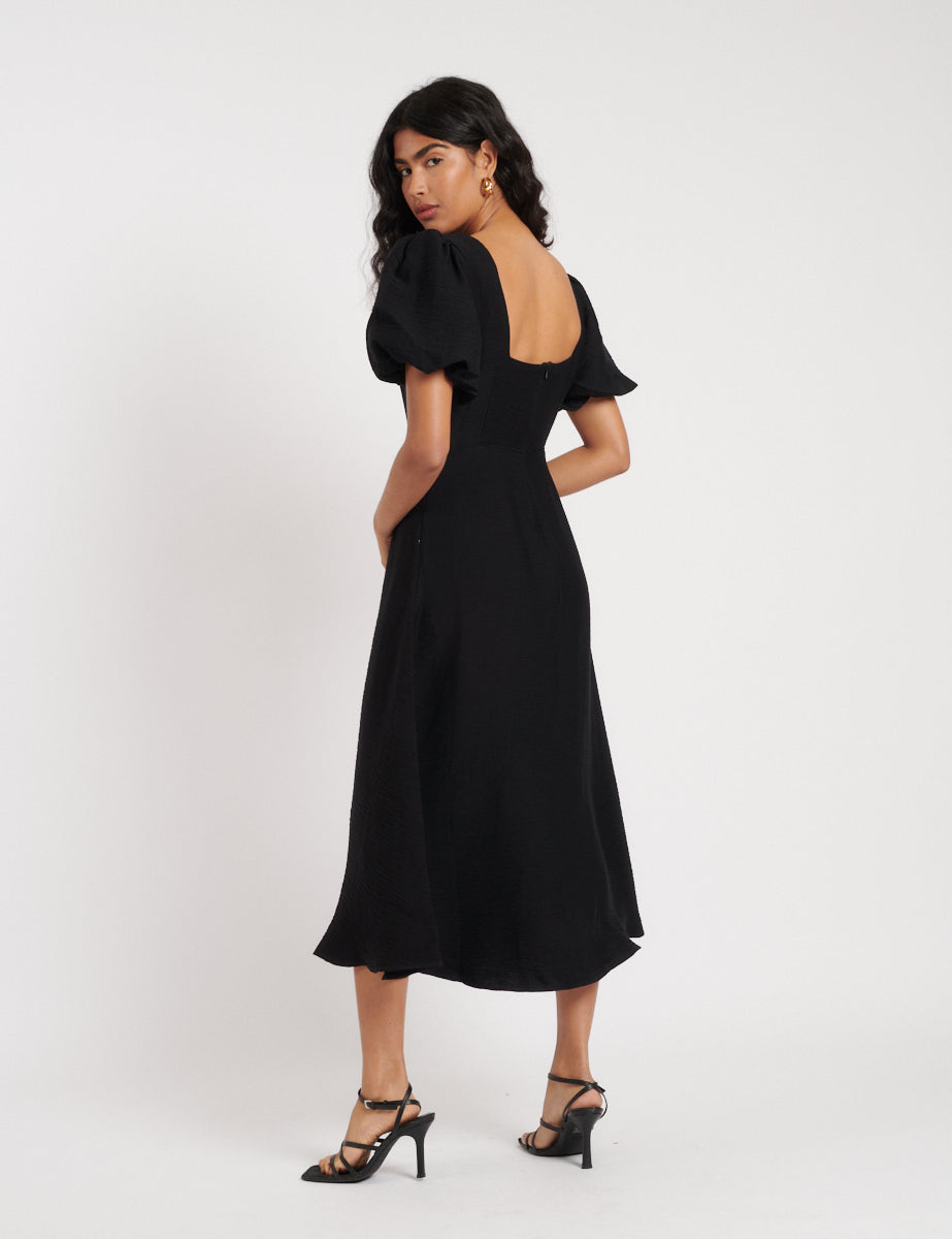 Black Puff Sleeve Zora Midi Dress