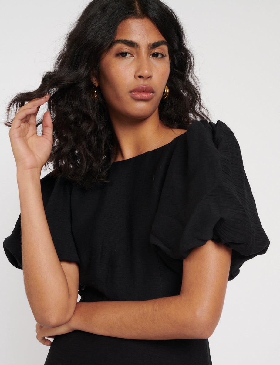 Black Puff Sleeve Zora Midi Dress