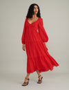 Red Balloon Sleeve Tiered Char Midi Dress