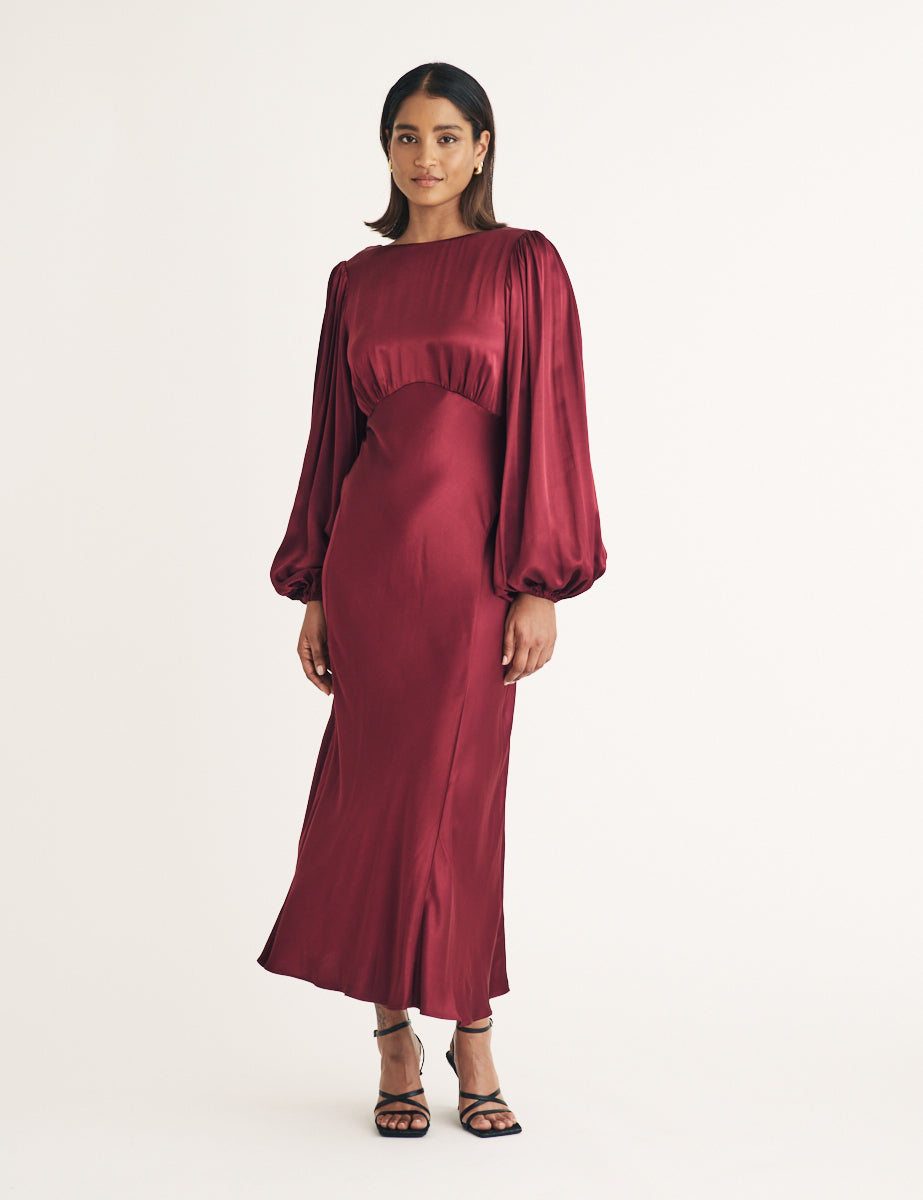 Burgundy Balloon Sleeve Bridesmaid Ember Midi Dress