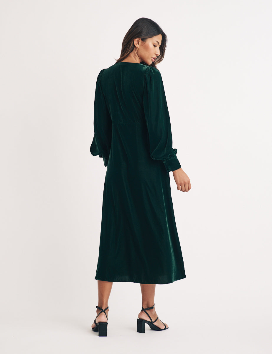 Green Velvet Balloon Sleeve Tasha Midi Dress