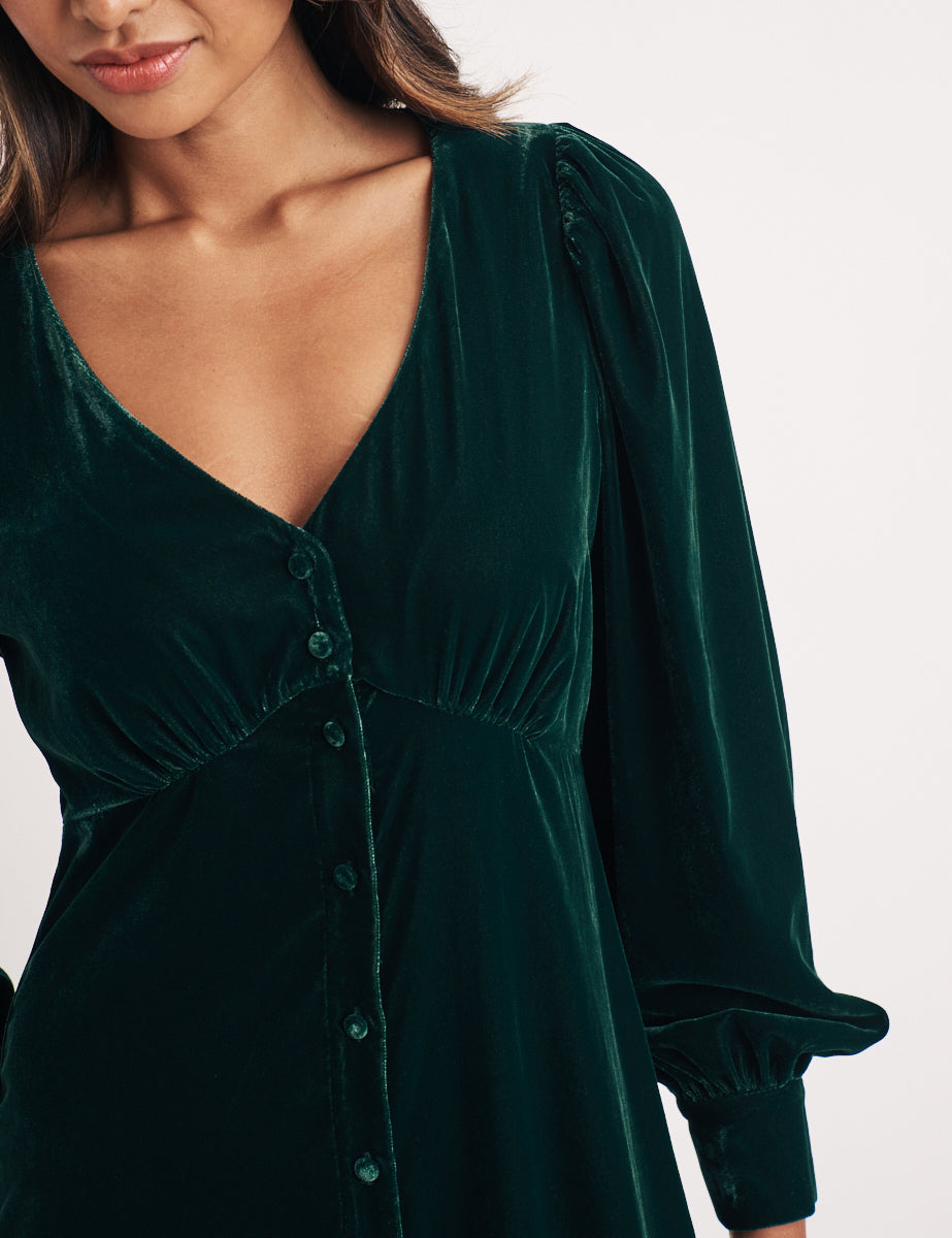 Green Velvet Balloon Sleeve Tasha Midi Dress