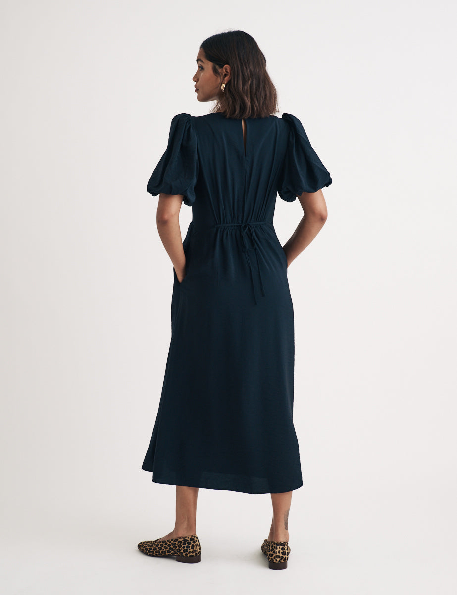 Black Puff Sleeve Thora Midi Dress