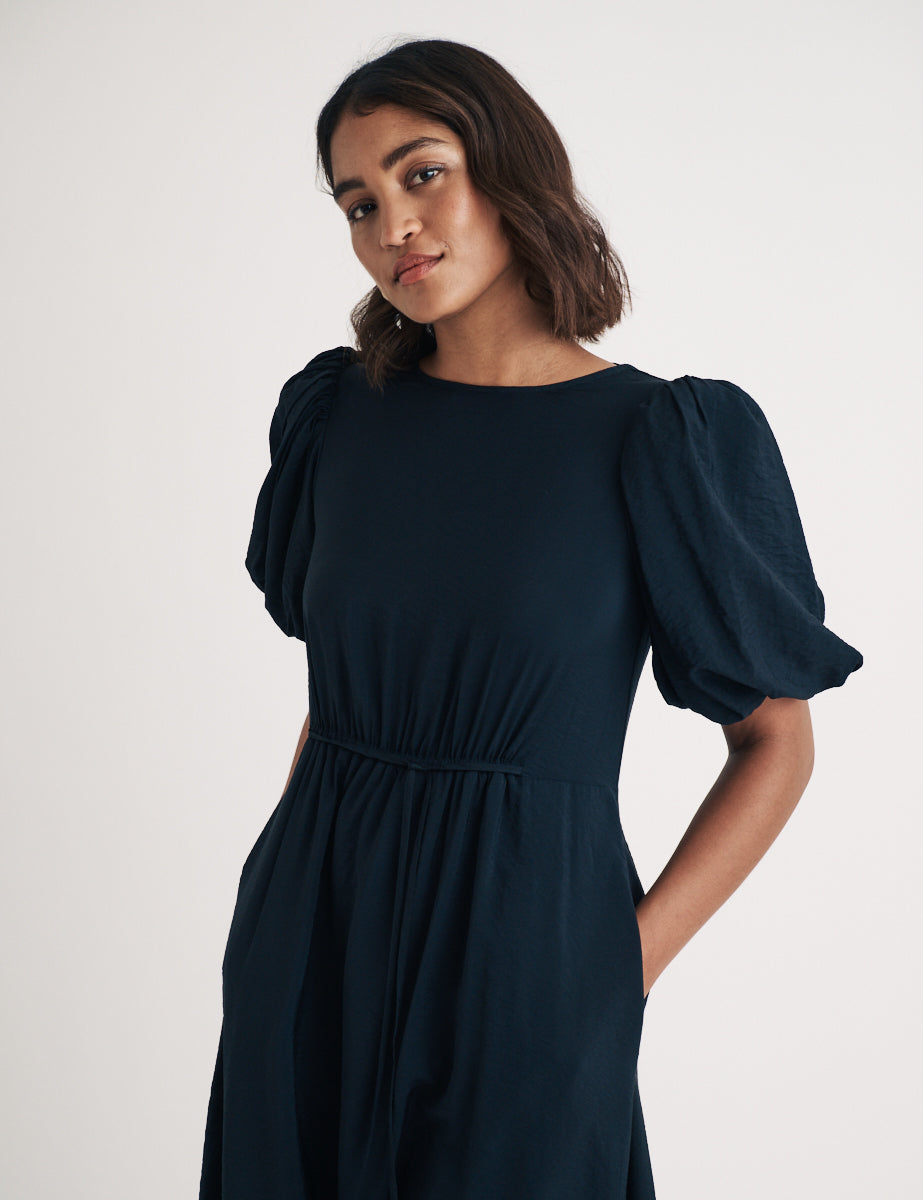 Black Puff Sleeve Thora Midi Dress