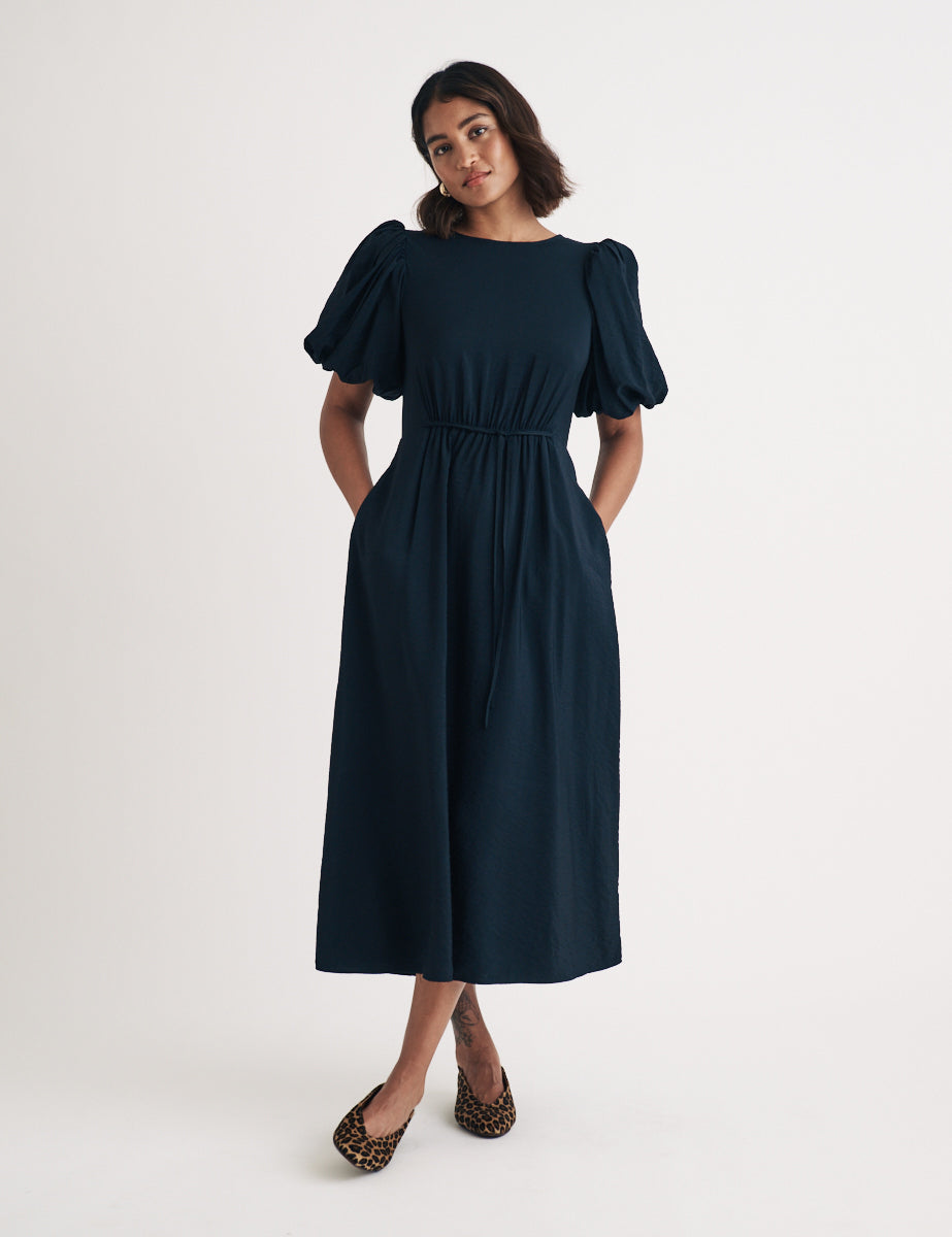 Black Puff Sleeve Thora Midi Dress