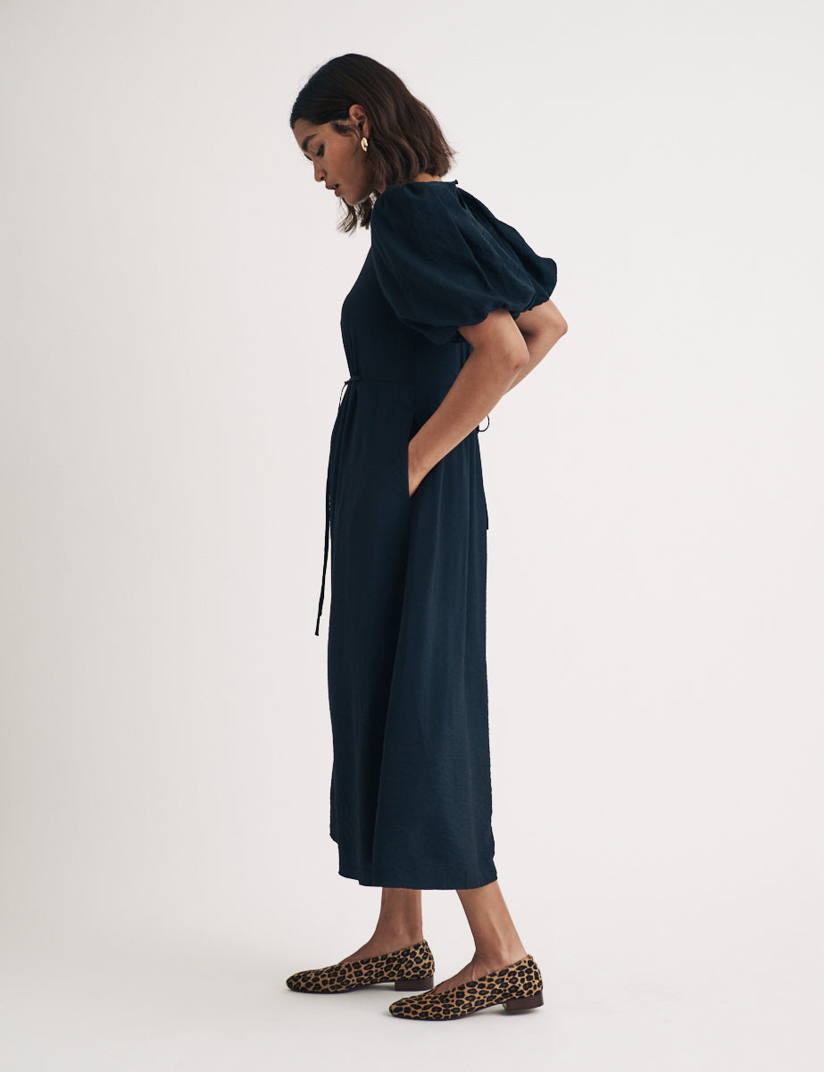 Black Puff Sleeve Thora Midi Dress