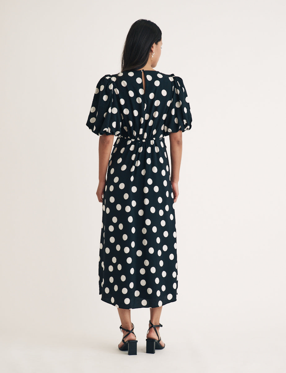 Black Polka Dot Puff Sleeve Thora Midi Dress